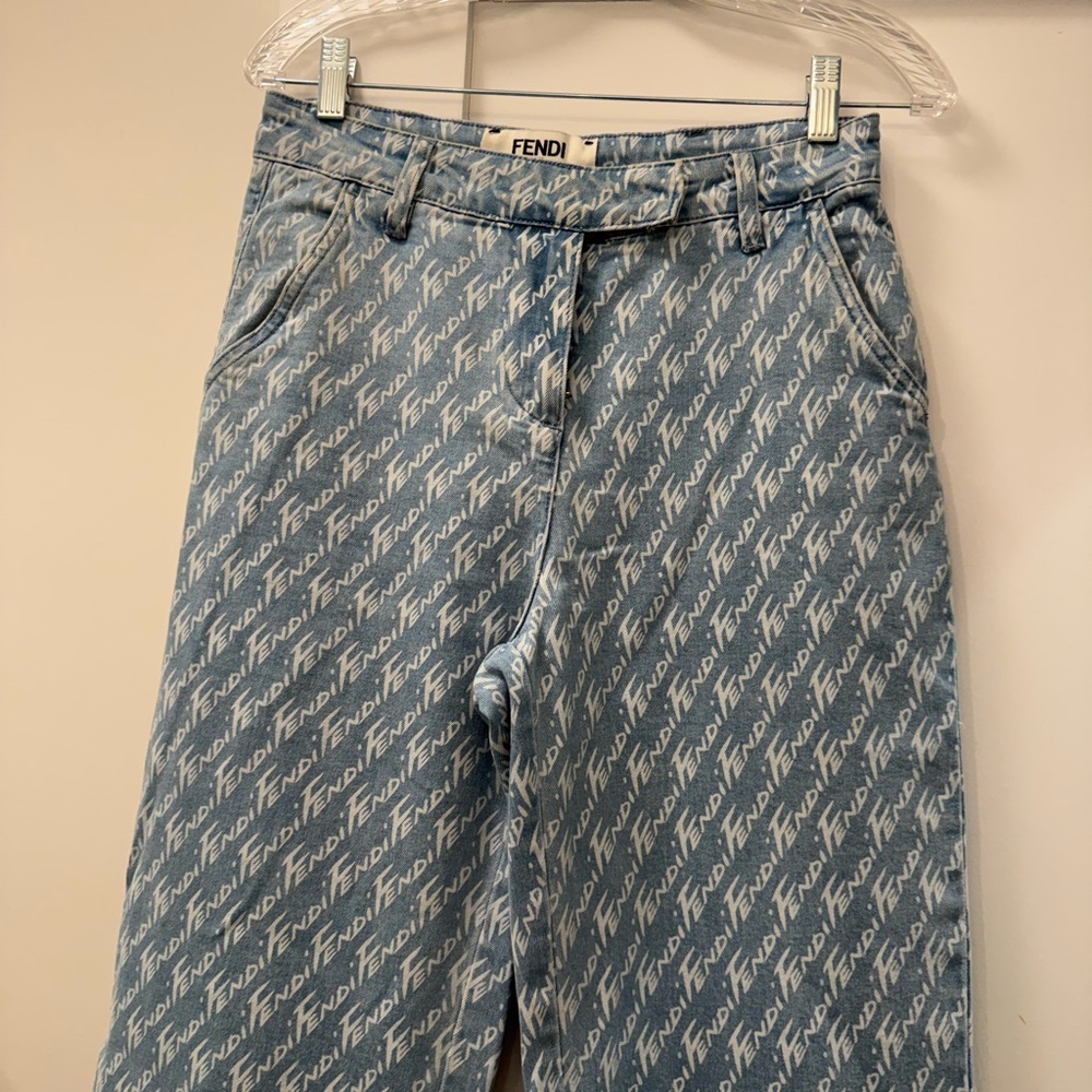 Fendi Light Blue Monogram Denim Pants fits like size 26